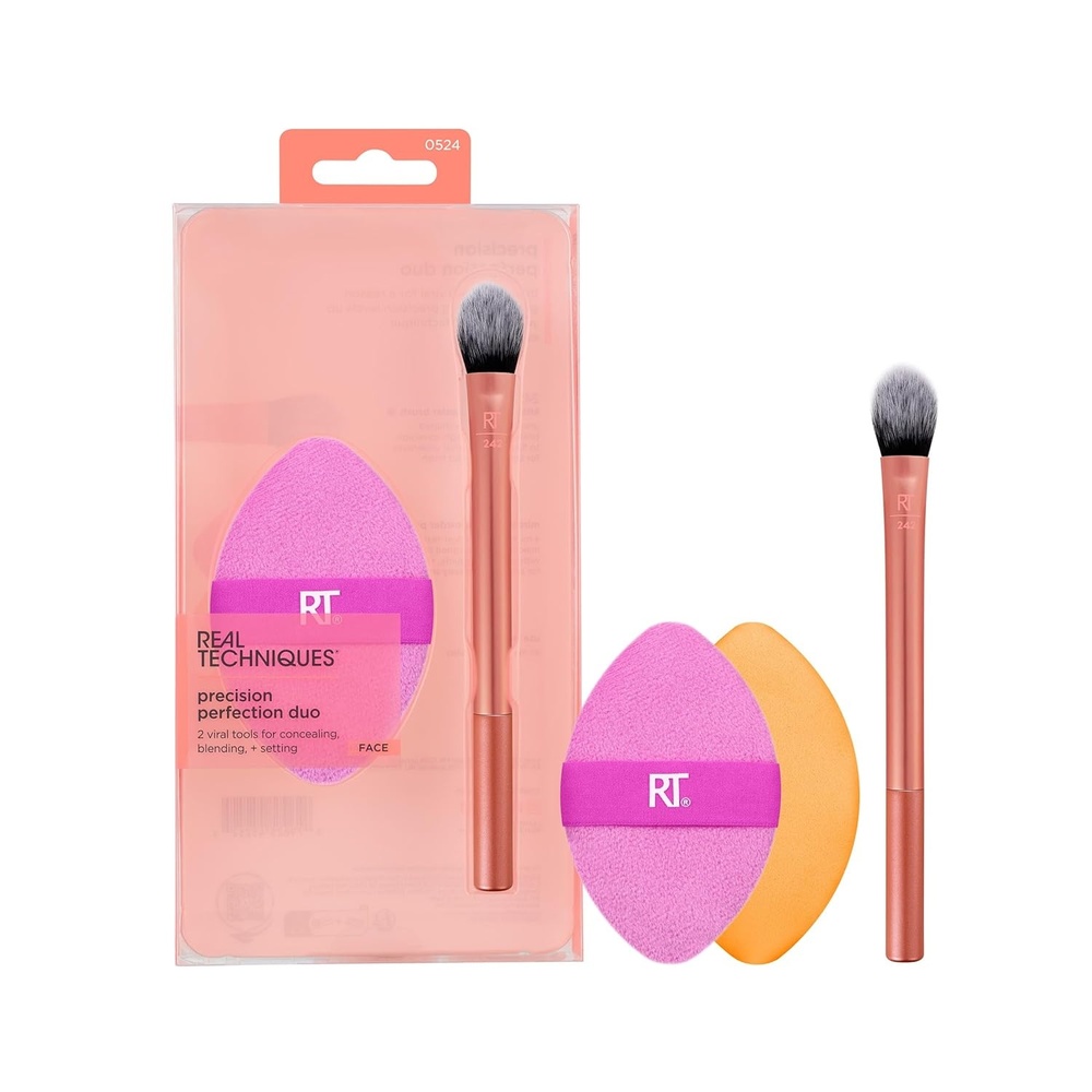 image:imageReal Techniques Precision Perfection Duo Viral Kitten Paw Concealer Brush amp DualSided Powder Puff For Powder amp Foundation Travel Friendly Makeup Brush Set CrueltyFree 2 Piece Set