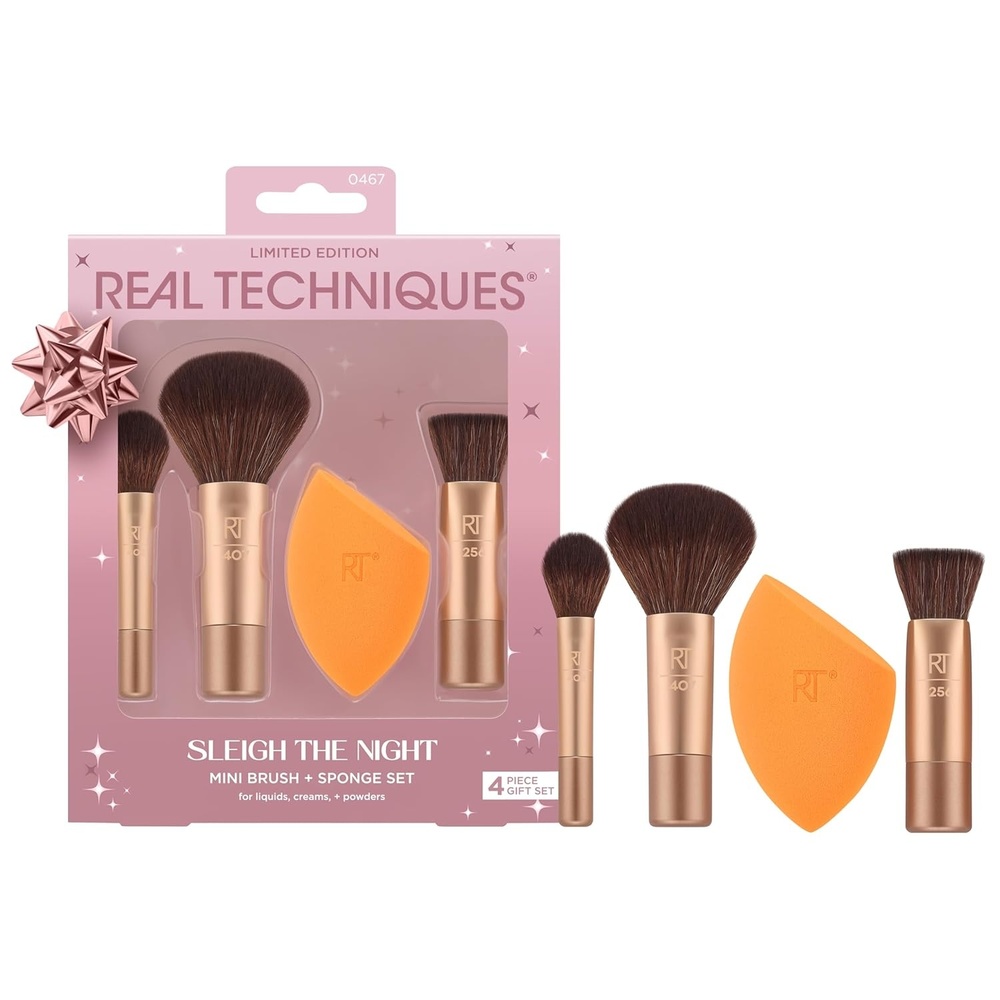 image:imageReal Techniques Sleigh The Night Mini Brush  Sponge 4 Piece Holiday Gift Set Small Makeup Brushes For Travel Makeup Sponge For Foundation amp Concealer Stocking Stuffer Limited Edition LatexFree
