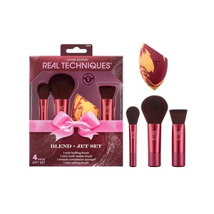 Real Techniques Blend + Jet Set Travel Makeup Brush & Sponge Set, 4 Piece Mini Holiday Gift Set for Foundation, Blush & Setting Powder, Compact & Travel Friendly, Cruelty-Free & Vegan