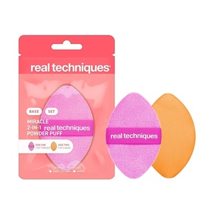 Real Techniques Miracle 2-In-1 Powder Puff + Travel Case, Dual-Sided Makeup Blending Puff, Elastic Band, Precision Makeup Sponge & Powder Puff, For Liquid, Cream & Powders, Travel Case, 2 Count(1 Count (Pack of 1))